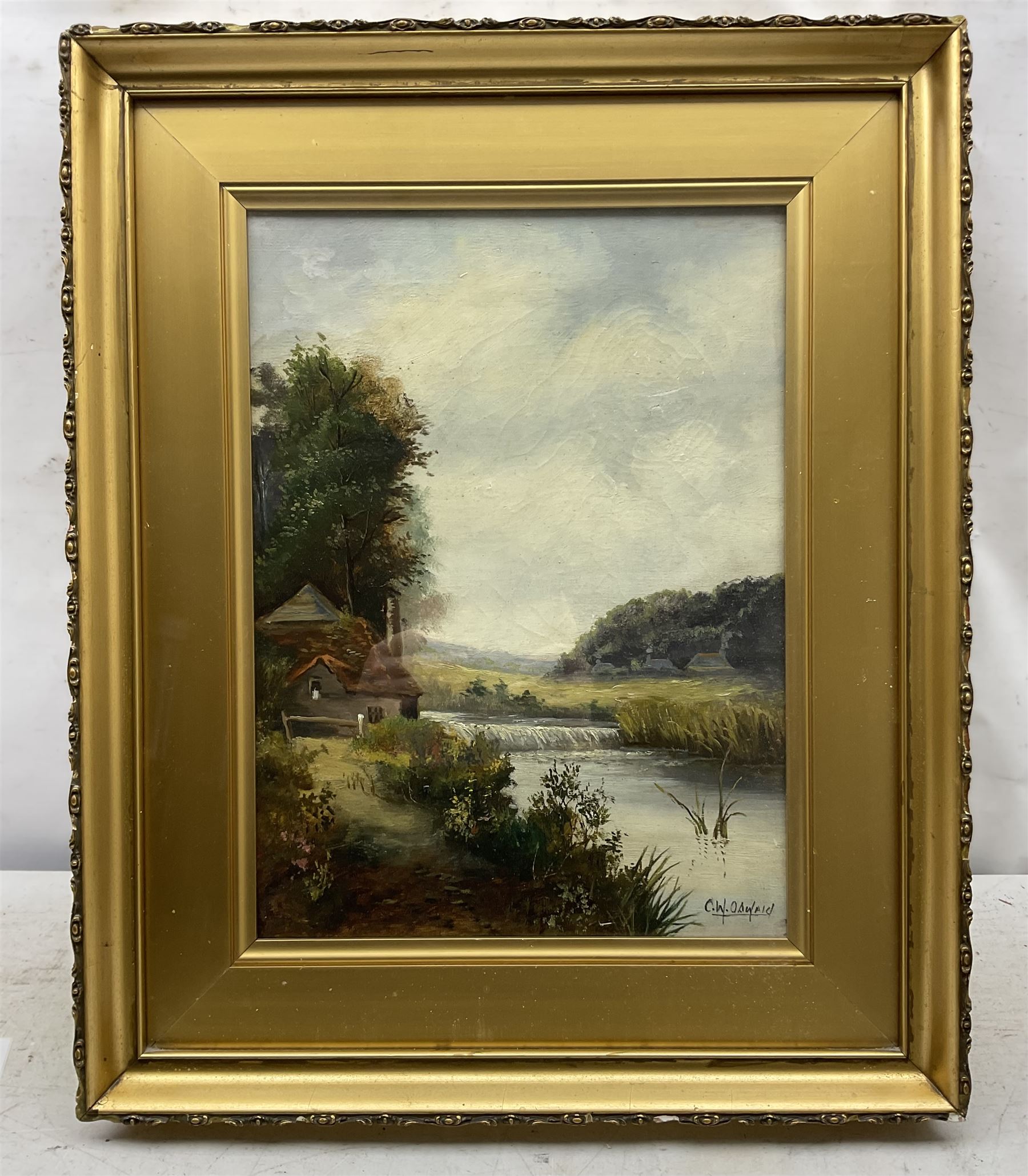 CW Oswald (British 19th Century): Thatched Cottage Beside a Stream, oil on canvas signed 38cm x 27cm 