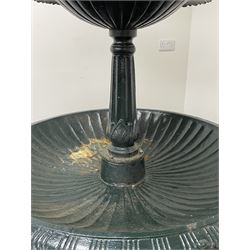 Victorian style large green painted cast iron garden fountain, three graduating shallow bowls with egg and dart moulded edge, the base with three heron figure mounts, W114cm, H240cm
