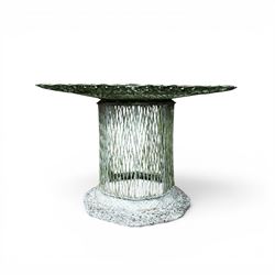 Two French early 20th century painted wicker octagonal garden tables, circular pedestals with parasol opening; with matching side table (3)