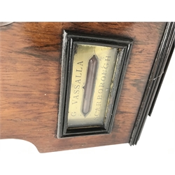 Early 19th century rosewood four dial banjo barometer, dry/damp dial, mercury thermometer with register, circular silvered dial engraved with globe and scrolls, brass level plate inscribed 'Scarborough, G. Vassalla', H113cm