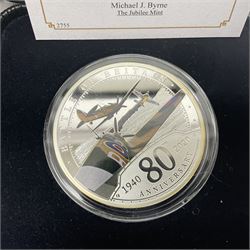 Six Queen Elizabeth II silver proof coins, comprising Government of Niue 2018 ‘The Flanders Remembrance Poppy’ two dollars, Solomon Islands 2020 ‘80th Anniversary of the Battle of Britain’ five dollars, Alderney 2019 ‘The 75th Anniversary of D-Day’ five pound, Alderney 2019 ‘Remembrance Day’ five pound, Bailiwick of Jersey ‘Prince Philip 70 Years of Service’ five pound, Pobjoy Mint Gibraltar 2020 ‘Penny Black’ fifty pence coin, with further Pobjoy Mint Gibraltar 2020 proof sterling silver piedfort ‘Penny Black’ fifty pence coin, all boxed with certificates