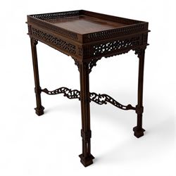 20th century Chinese Chippendale design mahogany fretwork silver table, rectangular top wi...