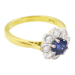 18ct gold round cut sapphire and round brilliant cut diamond cluster ring, hallmarked, sapphire approx 0.50 carat, total diamond weight approx 0.50 carat
