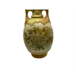 Royal Worcester blush ivory twin handled vase decorated with floral sprays and gilding, H18cm, together with a Royal Worcester pot pourri vase and cover and a white Royal Worcester twin handled vase