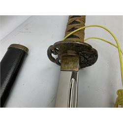 Three reproduction swords - Japanese katana and saya; Tai Chi sword with ornate scabbard; and dress sword with fullered triangular blade and horn handle (3)