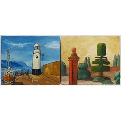 R A Brewer (East Yorkshire fl.1965-1973): Figures Unloading on the Pier beside a Lighthouse, and 'Topiscape' - Landscape with Topiary, two oils on panel signed and dated '88, further signed verso, the latter inscribed 'Ferens Jan Feb '88' verso, 38cm x 46cm (2) 
Notes: three works by Brewer are held in the collection of Beverley Art Gallery