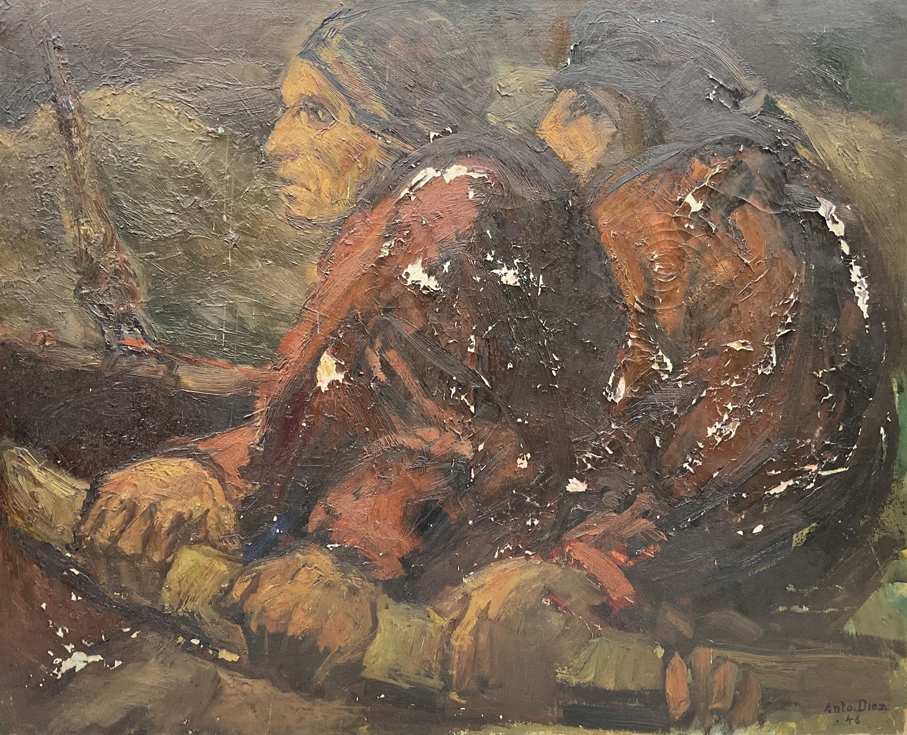 Anto Ferdinand Diez (Belgian 1914-1992): Fishermen, oil on canvas signed and dated '46, 80cm x 100cm (unframed)