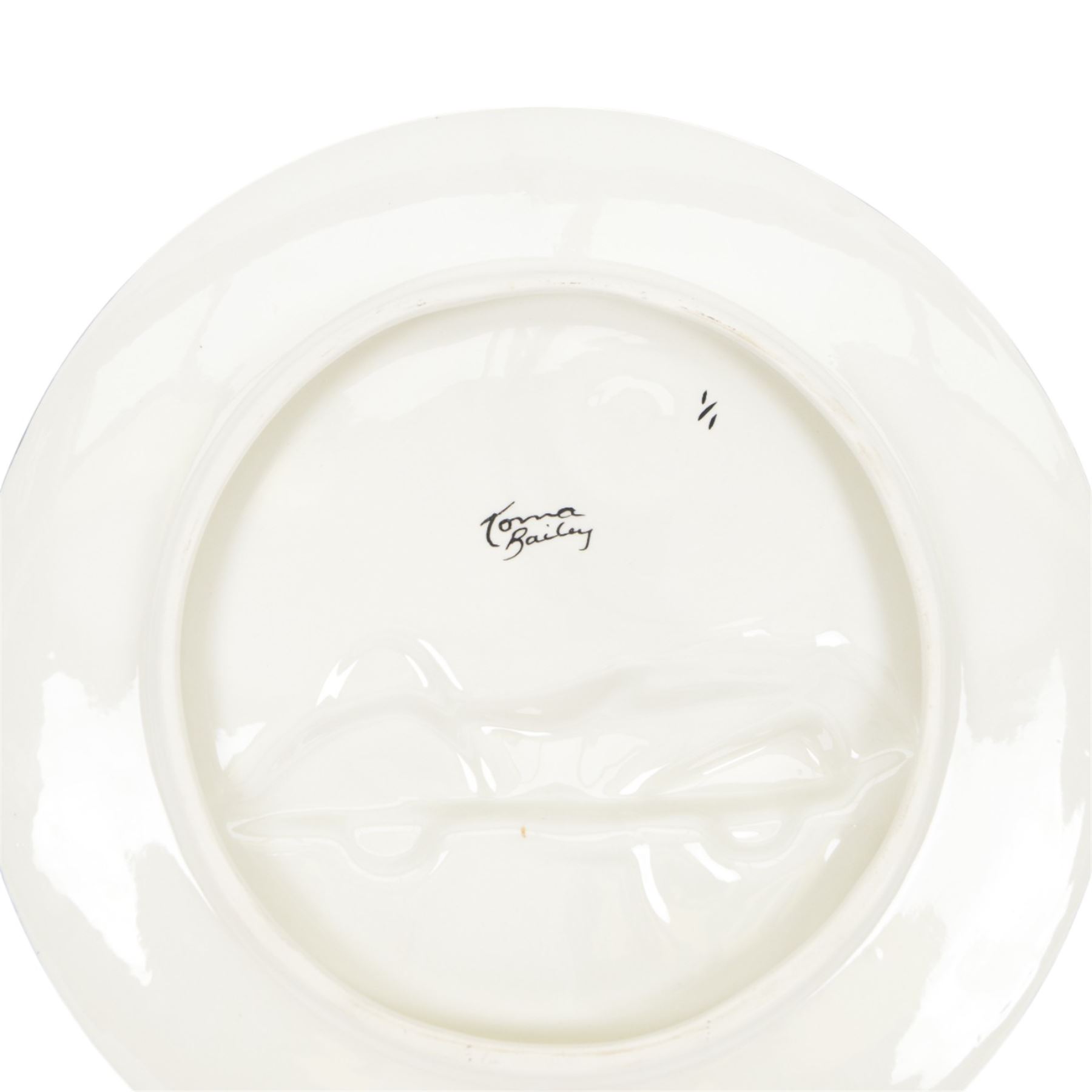 Lorna Bailey charger, limited edition no. 1/1, decorated with a race car in relief within bright stylised landscape, signed verso, D34.5cm