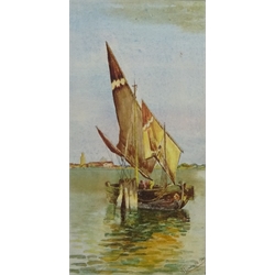  Fishing Boat at Sea, watercolour signed and dated 1921 by W? Towend 28.5cm x 14cm and Boats on the Shoreline, 19th/20th century watercolour indistinctly signed and dated 24cm x 34cm (2)   