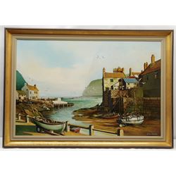 D J Strickland (British 20th century): Staithes from Cowbar Bank, oil on canvas signed and dated 1970, 59cm x 90cm