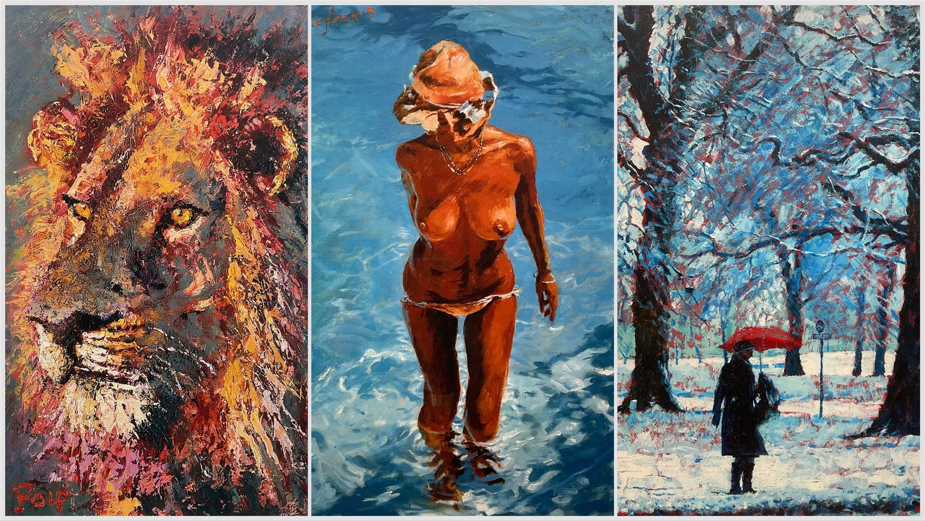 Rolf Harris (Australian 1930-): 'The Straw Hat' 'The Red Umbrella' and 'Sunset Lion', three limited edition  giclee prints signed and numbered 268/695, 175/195 and 194/345 in pencil, max 60cm x 36cm (3)