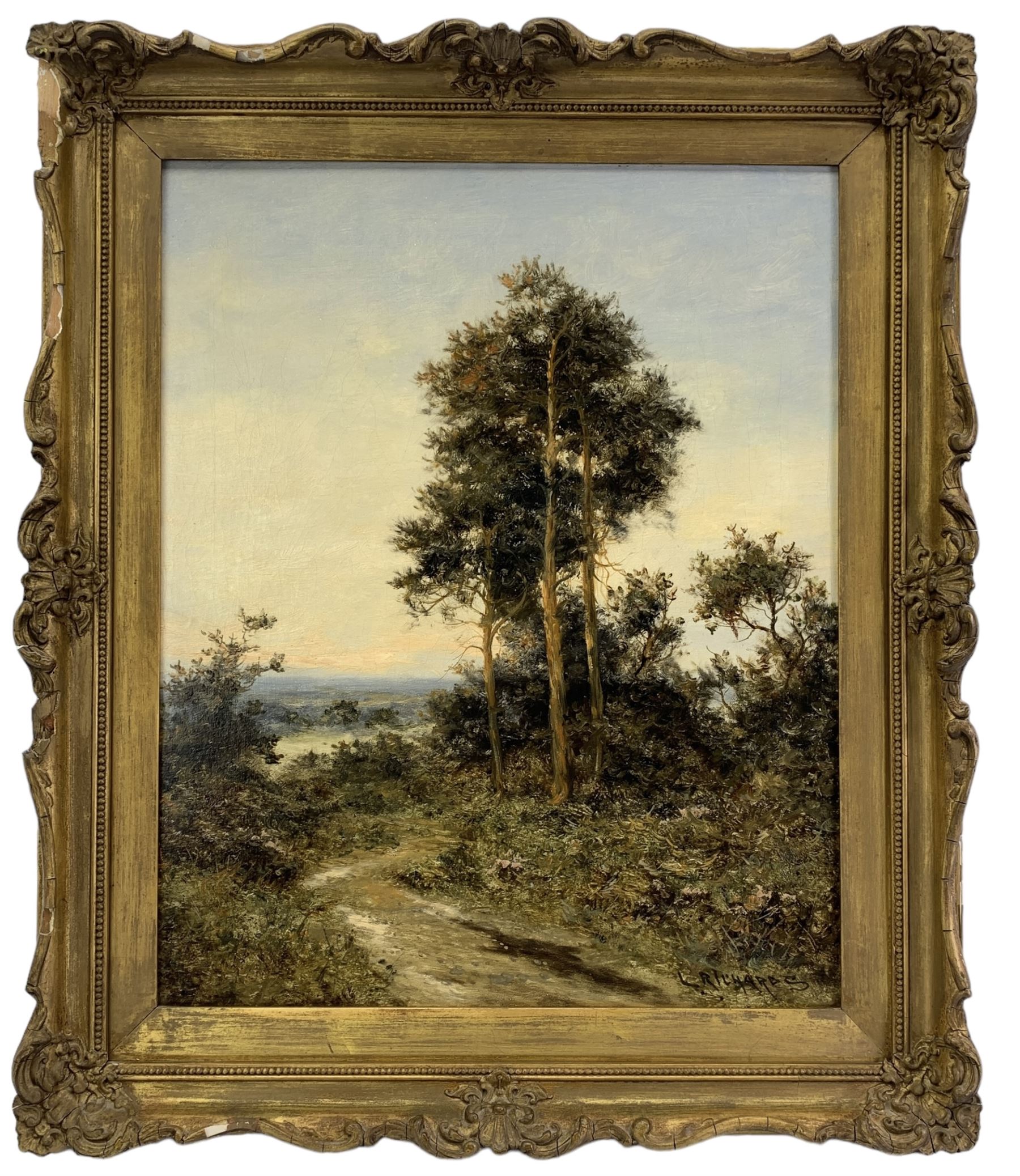 L Richards aka David Sherrin (British 1868-1940): Country Paths at Dawn, tryptic oils on canvas max 50cm x 75cm (3)