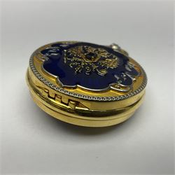 Franklin Mint House of Faberge 'The Imperial Collector Watch', the full hunter pocket watch with blue guilloche enamel and House of Faberge double eagle logo to gilded cover, opening to reveal a skeleton movement and enamel dial, upon a gilded stepped base supported by a pair of griffins, with a gilded watch chain, in original box with certificate of authenticity, including stand H14cm