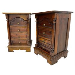 Pair of Victorian design mahogany bedside pedestal chests, fitted with four drawers, turned pilasters, on bracket feet