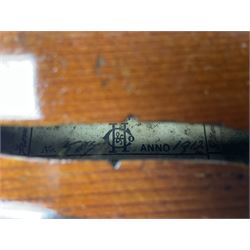 Early 20th century French Mirecourt violin with 35.5cm two-piece maple back and ribs and spruce top; bears label 'The Garrodus Violin H & Co No.1587 Anno 1912' L59cm overall; in modern fitted case with bow