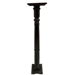 Victorian mahogany torchère or plant stand, square moulded top over turned column with lappet capital, carved with acanthus leaves, on stepped moulded square base