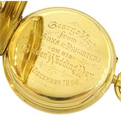 Victorian 18ct gold open face keyless lever presentation pocket watch, white enamel dial with Roman numerals and subsidiary seconds dial, back case with engraved monogrammed initials, case by Arthur Baume & Co, London 1894