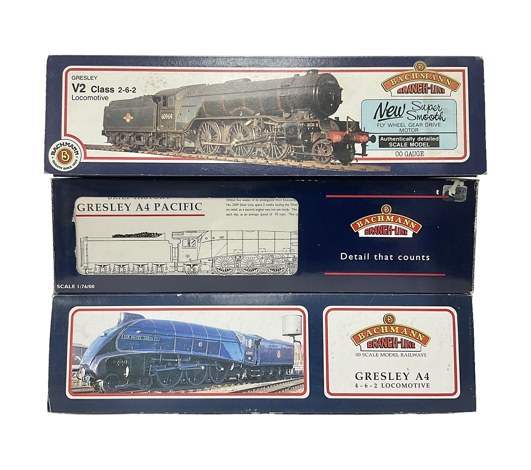 Bachmann ‘00’ gauge - 31551 Gresley Class V2 2-6-2 ‘Green Arrow’ locomotive no.60800 in BR black; 31954 Gresley Class A4 4-6-2 ‘Nigel Gresley’ locomotive no.60007 in BR blue; 31959 Gresley Class A4 Pacific 4-6-2 ‘Miles Beevor’ locomotive no.26 in LNER garter blue; in original boxes (3) 