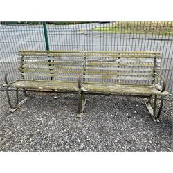 Late 19th century wrought iron and wood slatted four seater double garden bench - THIS LOT IS TO BE COLLECTED BY APPOINTMENT FROM DUGGLEBY STORAGE, GREAT HILL, EASTFIELD, SCARBOROUGH, YO11 3TX
