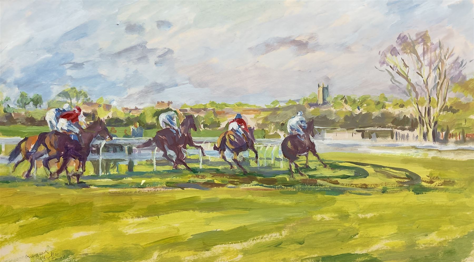 Margery Shotton (British 1943-): 'Rounding the Bends at Sedgefield Races', acrylic signed and dated 2002, titled verso 27cm x 49cm 