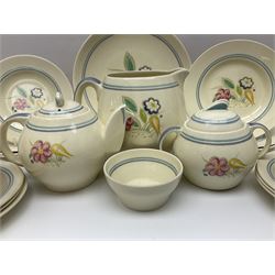 Susie Cooper Nosegay pattern tea service, teapot, eight cups and saucers, six dessert plates, three graduating jugs, covered twin handled sucrier, open sucrier  and cake plate 