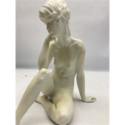 Kaiser white bisque porcelain figure of a brooding girl, model no 489., impressed and printed marks, boxed