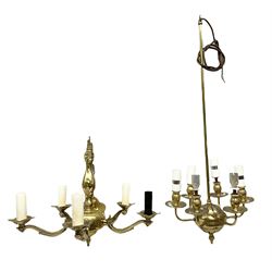 Five branched brass chandelier together a similar six branched chandelier 