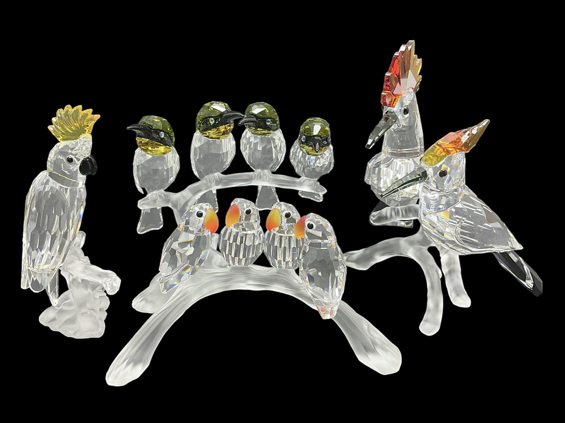 Four Swarovski Crystal bird figures, comprising Cockatoo, pair of
