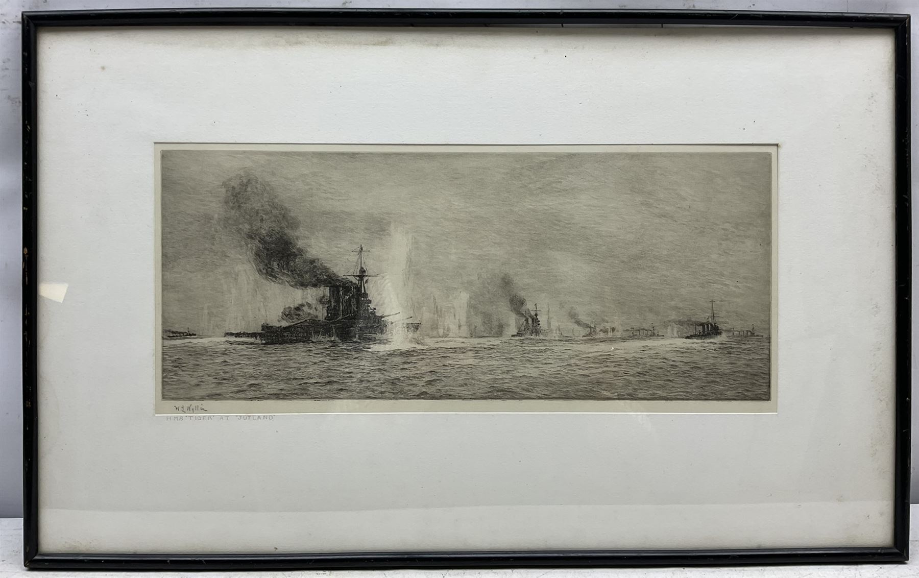 William Lionel Wyllie (British 1851-1931): 'HMS Tiger at Jutland', drypoint etching signed in pencil, titled on the mount 19cm x 44cm 
Notes: this picture depicts the British warships Tiger, Princess Royal, Lion, Warrior, and Defence in action at the Battle of Jutland on 31st May 1916, shortly before the Defence was sunk.