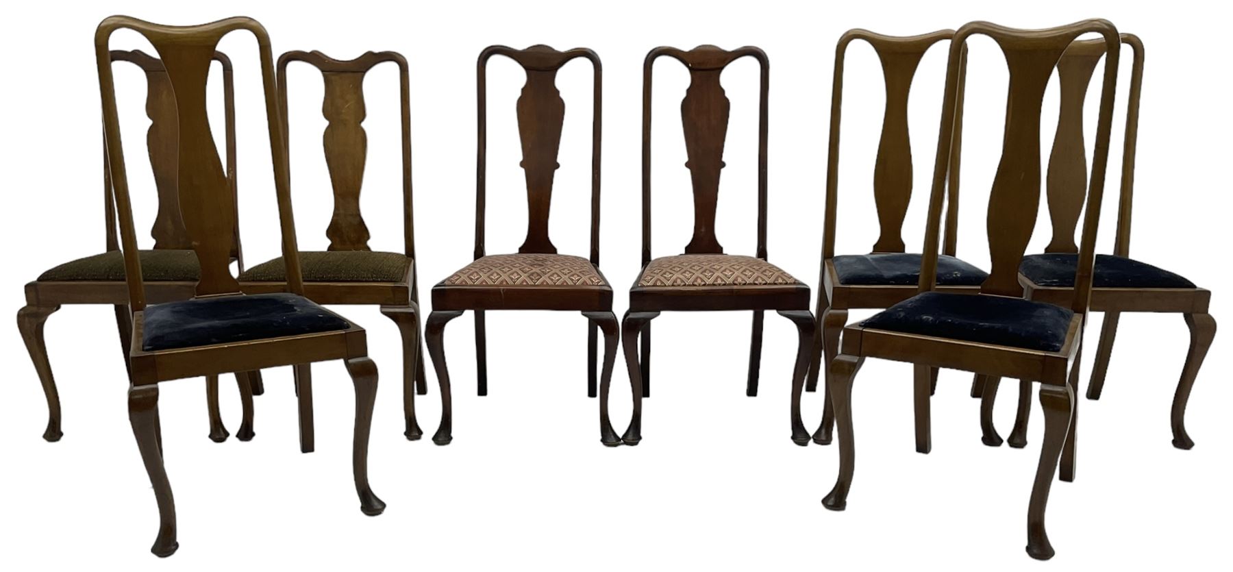 Matched set of fourteen early 20th century mahogany dining chairs, shaped cresting rail over shaped splat, upholstered drop-in seat, on cabriole front supports 