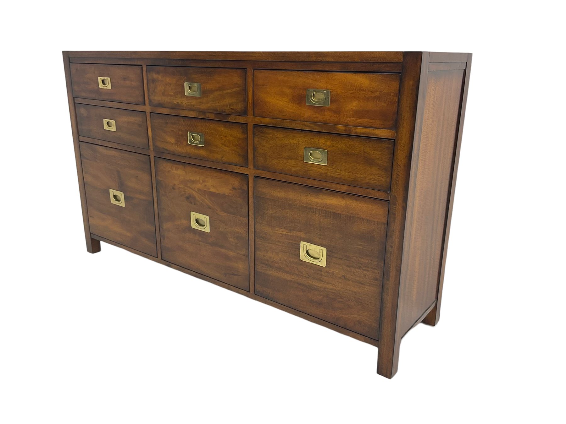 Cherrywood military style sideboard chest, fitted with nine drawers with recessed brass handles