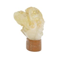 Chinses quartz carved figure group, modelled as two temple lions, upon an oval base, H17cm