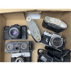 Large collection of cameras to include folding and SLR examples, including Rank Aldis, Agfa, Yashica, etc