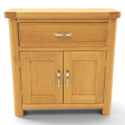 Modern oak living room set comprising; a small side cabinet, corner TV stand and coffee table, cabinet with single drawer and cabinet, finished with metal handles (H 80cm, D 32cm, W 80cm), TV stand with open recess and rear aperture for wires, above nine drawers with chrome pulls (H 62cm, D 50cm, W 84cm)  coffee table with curved edges and full length undertier (H 50cm, D 60cm, W 90cm)  