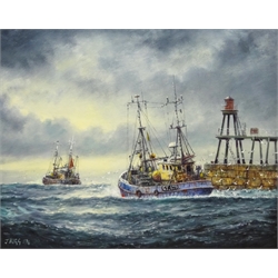  Jack Rigg (British 1927-): 'Early Birds' - Trawlers off Whitby, oil on board signed and dated 1994, titled, signed and dated verso with exhibition label 39cm x 50cm  

