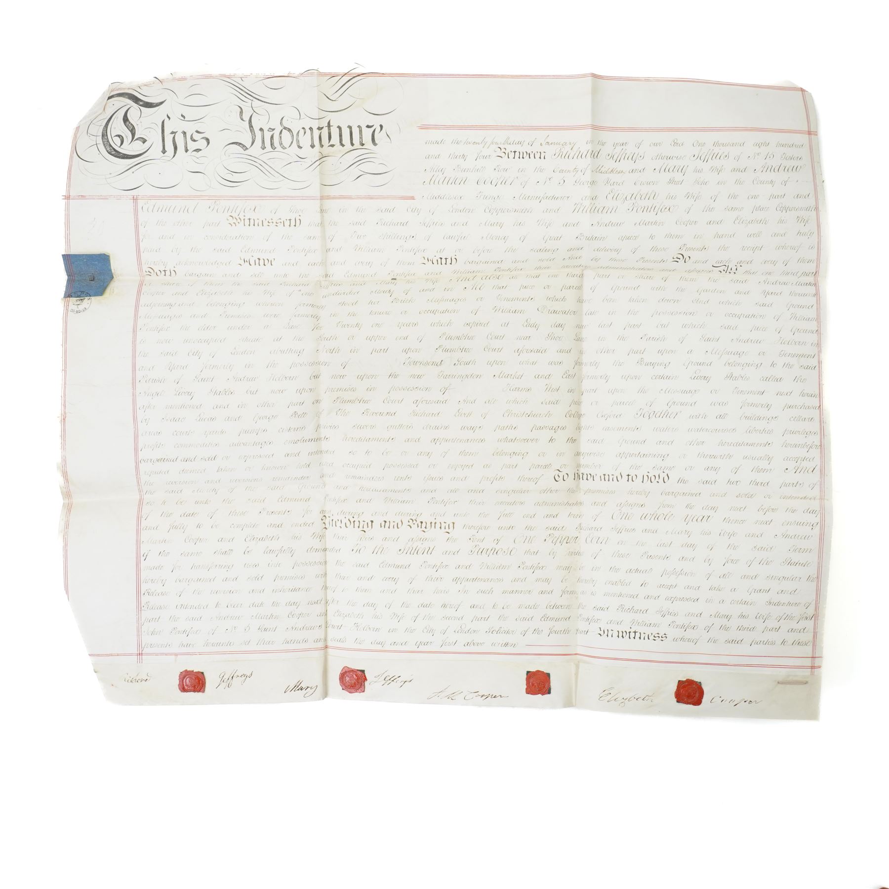 18th century Indenture between Thomas Hyde, citizen and fishmonger of London and Tobias Hodgson, citizen and joiner of London 1751, framed 56cm x 68cm and a 19th century lease regarding property in Soho 1834 (2)