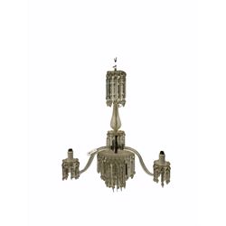 Mid 20th century Scandinavian glass chandelier, three branches and centre column with sconces and drops; with pair of matching wall lights