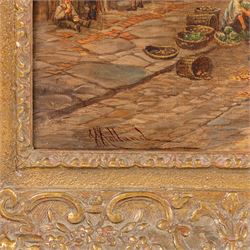 John Holland Snr. (British c1830-1886): 'Watergate - Chester', oil on canvas signed, titled on plaque 43cm x 67cm 
Notes: Likely painted c1870-1872, indicated by a sandwich-board man advertising a 'Panorama of the war between France and Prussia' - a popular form of traveling entertainment in Victorian Britain.