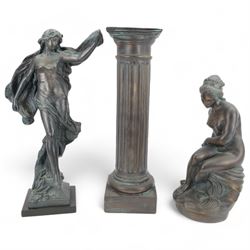 Austin Productions Art Nouveau style sculpture 'La Grace' after Eugene Marioton, signed and with impressed marks, together with similar composite figure of a nude figure on a rock and a pillar, pillar H77cm