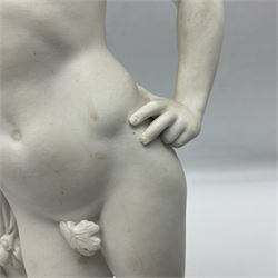 Royal Copenhagen Parian ware figure, modelled as Adonis, standing contrapposto by a tree trunk, together with a similar Parian ware figure, modelled as Venus with the Apple, both after Bertel Thorvaldsen and stamped Eneret to base with blue wave marks beneath, tallest H31.5cm