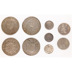  Collection of silver trade tokens and coins 1811 Leeds shilling, Fazeley 1811 shilling, 1811 Birmingham shilling, 1811 Bilsten shilling, three silver three halfpence dated 1835, 1838 and 1843, two silver fourpence coins dated 1836 and 1854  
