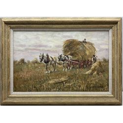 James William Booth (Staithes Group 1867-1953): Harvest Time - Collecting Stooks in the Field, oil on canvas laid on board signed 32cm x 50cm