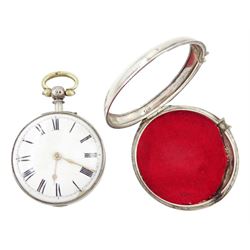 George III silver pair cased verge fusee pocket watch by Edward Davenport, London, No. 7756, white enamel dial with Roman numeral hour markers, case by Joseph Glenny, London 1806