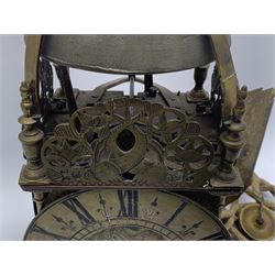 Brass lantern clock, raised strapped bell with final above pierced and dolphin engraved frets, the engraved dial decorated with foliage and signed 'Richard Breckells de Holmes Fecit', Roman chapter ring decorated with fleur-de-lus motifs