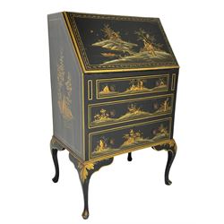 Early 20th century Chinoiserie lacquered bureau, raised gilt decoration, fall front enclosing divisions and drawer, three graduating long drawers, on cabriole supports