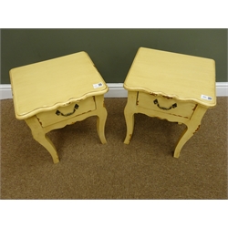  Pair small french style distressed painted wood stands with drawer, W35cm, H45cm, D30cm  
