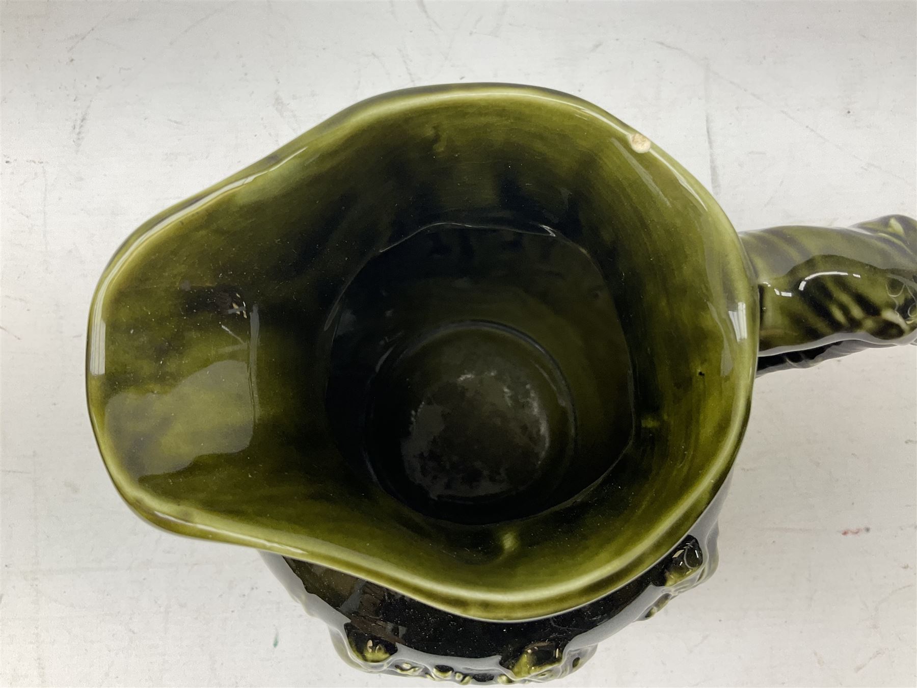 Three jardinières comprising West German Gerz example decorated in relief, Doulton Slaters example with frilled everted rim and a majolica example, and a further two Arthur Wood majolica jugs (5)