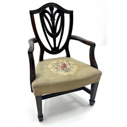19th century Hepplewhite style shield back child’s chair, embroidered monogrammed seat, square tapering and fluted supports