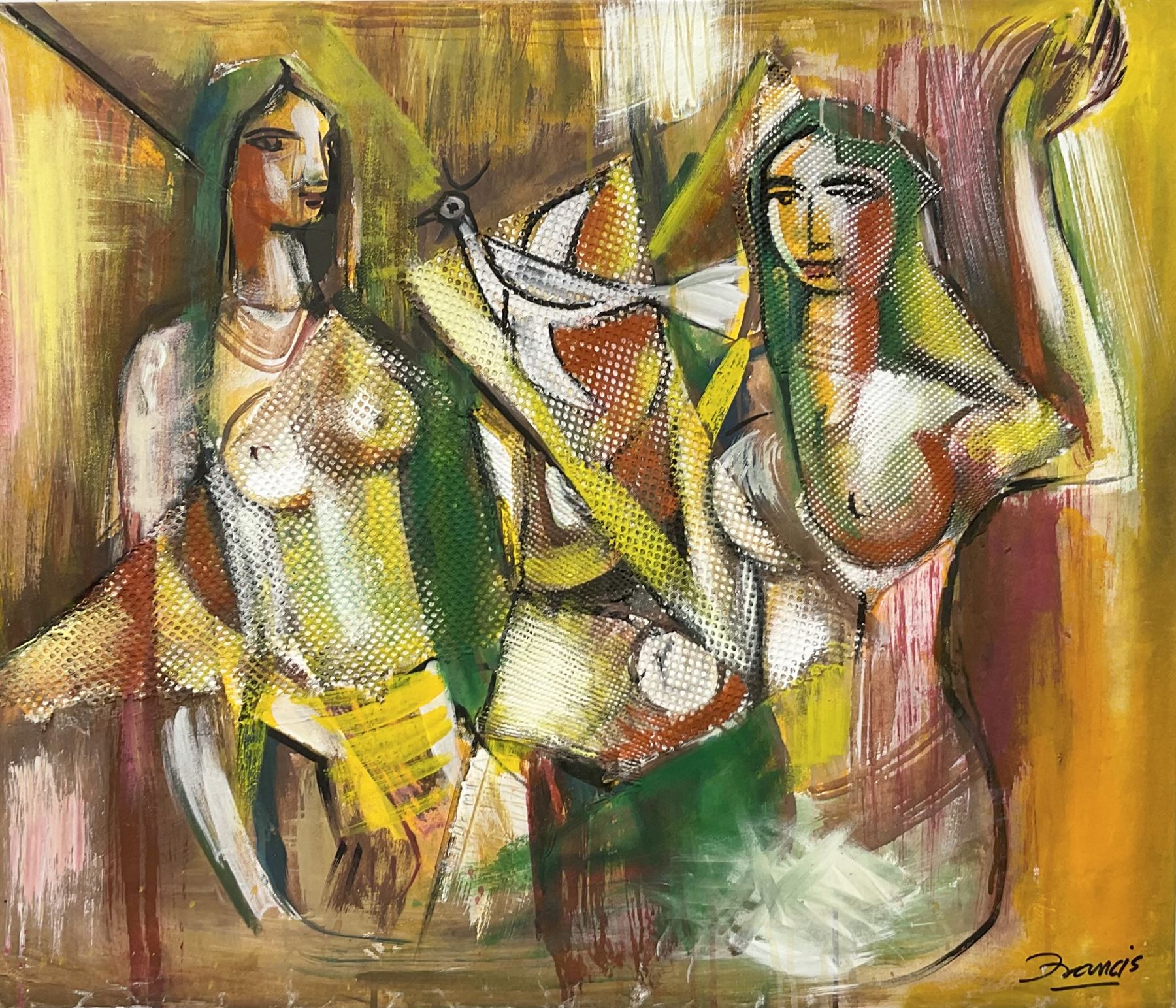 Francis Perera (Sri Lankan 1931-): 'Divided Love', oil on canvas signed, titled verso 73cm x 86cm (unframed)
Notes: Perera a noted Sri Lankan artist has had many solo exhibitions both in his home country and overseas. He is a six time winner of the Presidential Award, represented Sri Lanka in Washington DC to commemorate the 50th anniversary of its independence, exhibited at the Royal Commonwealth Society in 2002, and at the 20th International Art Festival in Germany.