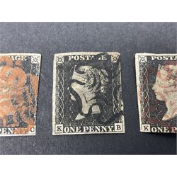 Three Great Britain Queen Victoria penny black stamps, two with red and one with black MX cancel